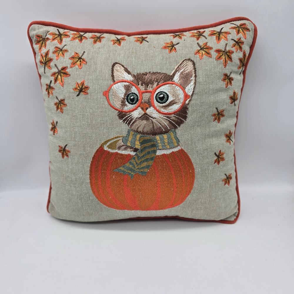 Pier 1 Tabby Cat/Kitten with Glasses & Scarf  in Pumpkin Pillow Embroidered 12"